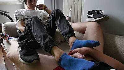 Blue ankle socks footjob and feet worship