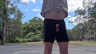 Straight guy hanging out his uncut cock at the public space.
